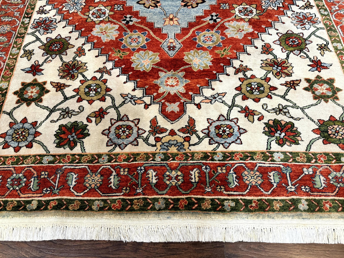 Indo Persian Heriz Rug 7x9, Geometric Pattern, Cream & Light Red, Handmade Vintage Wool Carpet - Jewel Rugs, view 6