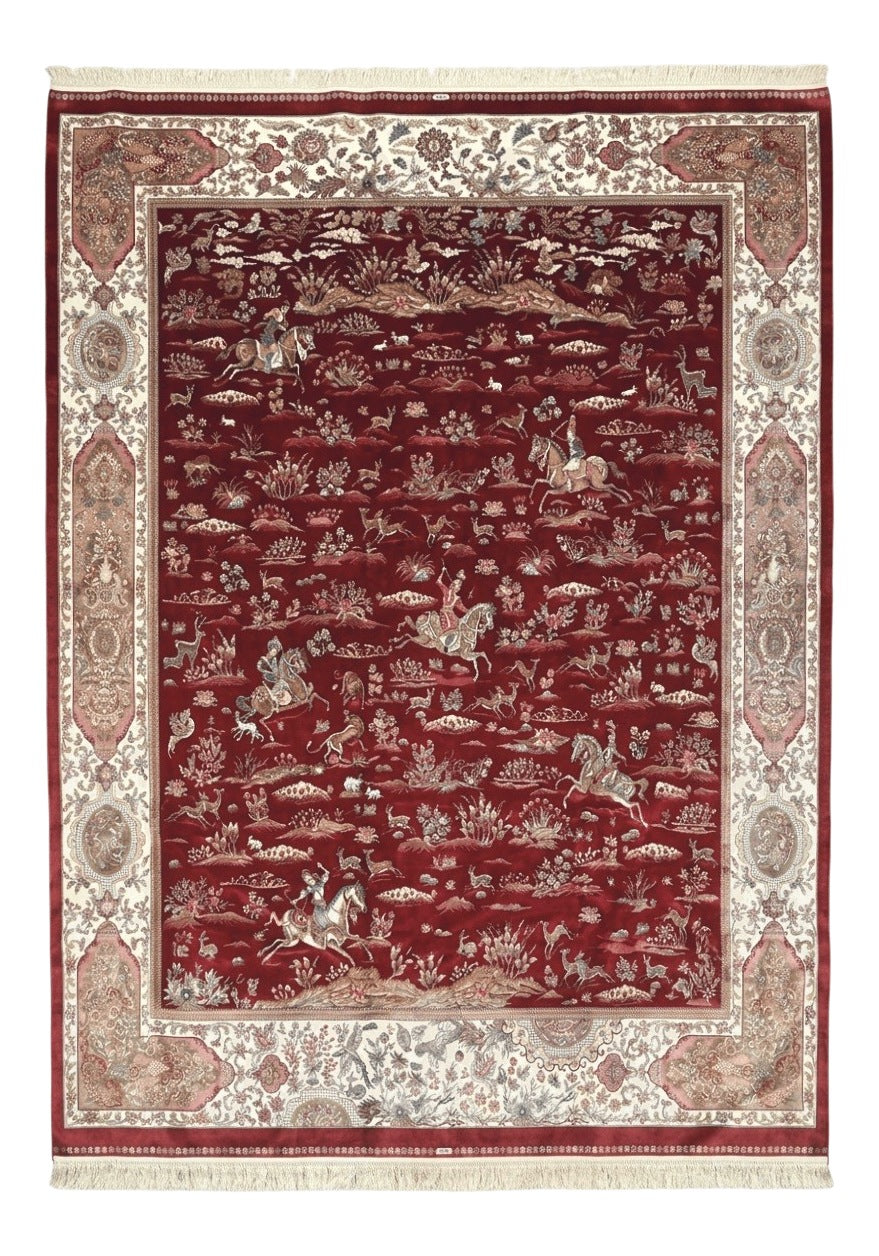 Turkish Silk Rug 8x10, Red & Ivory, Hunting Design, Bamboo Silk, New - Jewel Rugs