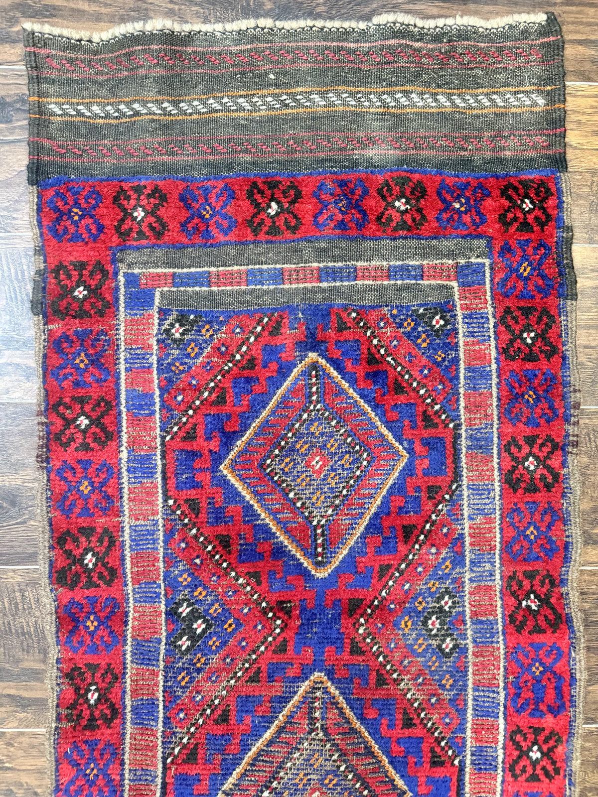 Turkoman Runner Rug 2 x 8.6, Skinny Runner, Handmade Wool Carpet for Hallway, Red and Blue, Wool, Vintage 8ft Runner - Jewel Rugs, view 7