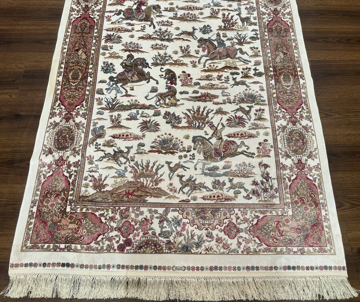 Turkish Silk Hunting Scene Rug 4x6, Ivory, Bamboo Silk, New - Jewel Rugs, view 6