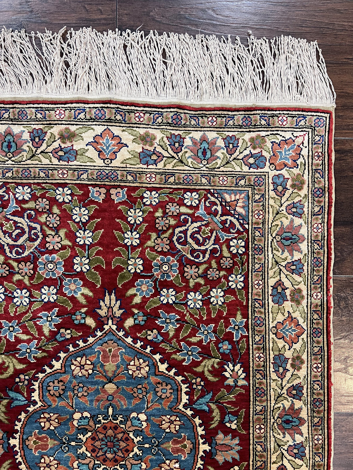 Silk Turkish Kayseri Rug 2x3, Small All Silk Turkish Carpet, Red and Light Blue, Very Fine Hand Knotted Semi Antique Vintage Handmade Rug - Jewel Rugs, view 7