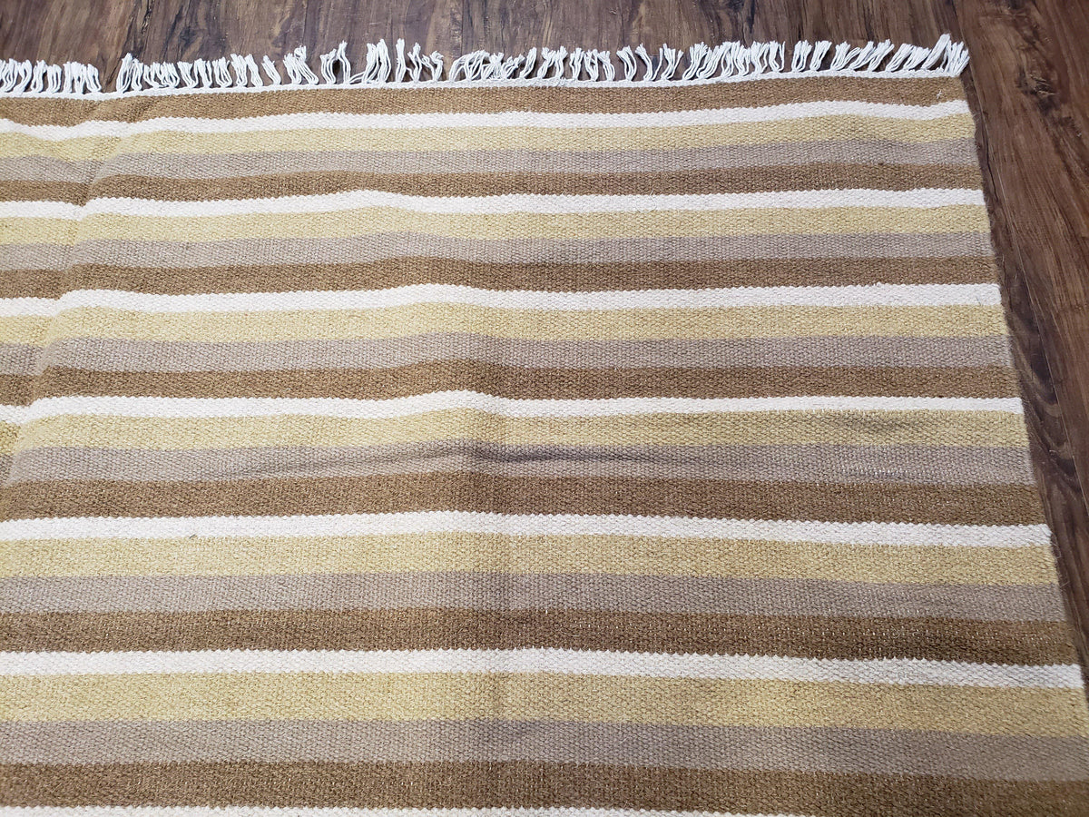 Indian Striped Blanket 6x9, Large Indo Kilim Area Rug, Earthern Tones Woolen Hand-Woven Flatweave South American Style Queen Size Bedspread - Jewel Rugs, view 8