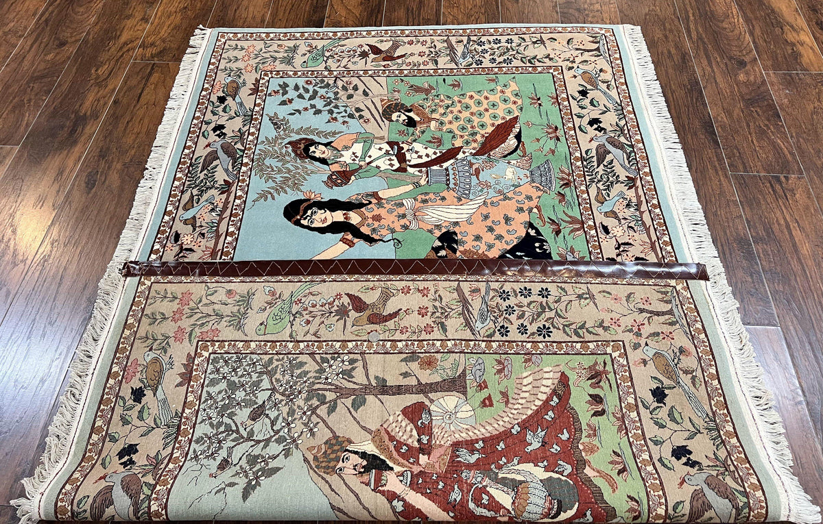 Indo Persian Pictorial Rug 4x7, Handmade Hand Knotted Wool Semi Antique Horizontal Carpet, Men & Women Drinking, Fine Rug, Bird Pictorials - Jewel Rugs, view 11