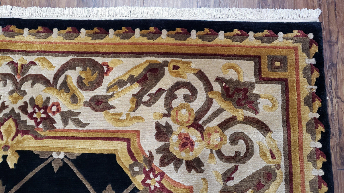 Nepal Rug 6x9, Nepalese Aubusson Area Rug 6 x 9, Hand-Knotted Wool Soft Pile Black & Beige Tibetan Aubusson New Carpet European Savonnerie - Jewel Rugs, view 8