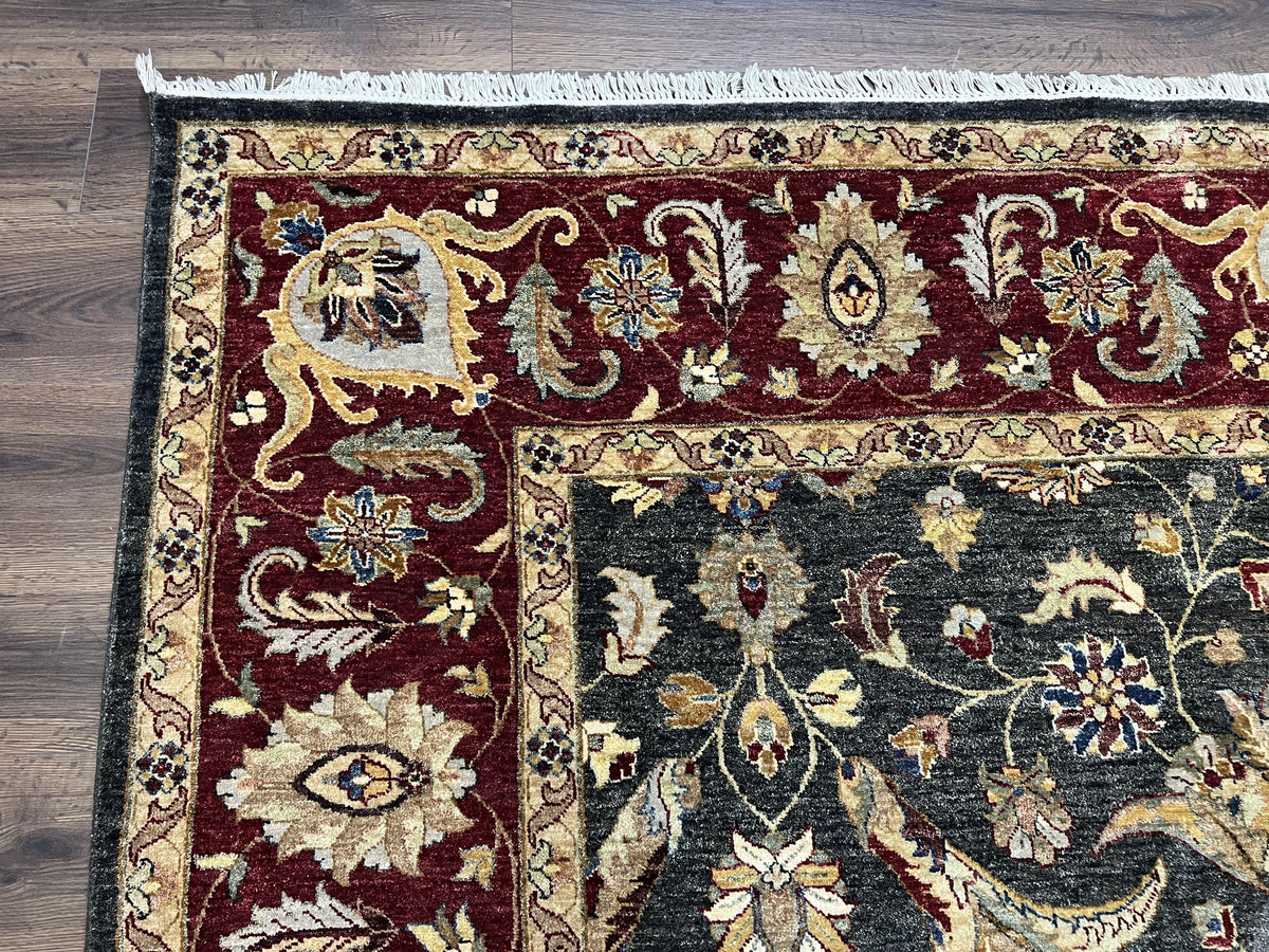 Pak Persian Mahal Rug 9x12, Allover Floral Pakistani Oriental Carpet 9 x 12, Wool Hand Knotted Area Rug, Dark Slate Gray-Black and Maroon - Jewel Rugs, view 7