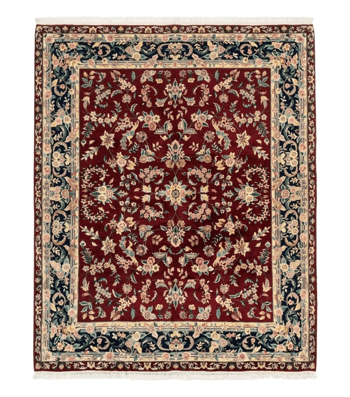 Indo Persian Rug 8x10, Floral Allover with Bird Pictorials, Maroon and Navy Blue, Handmade Wool Area Rug - Jewel Rugs