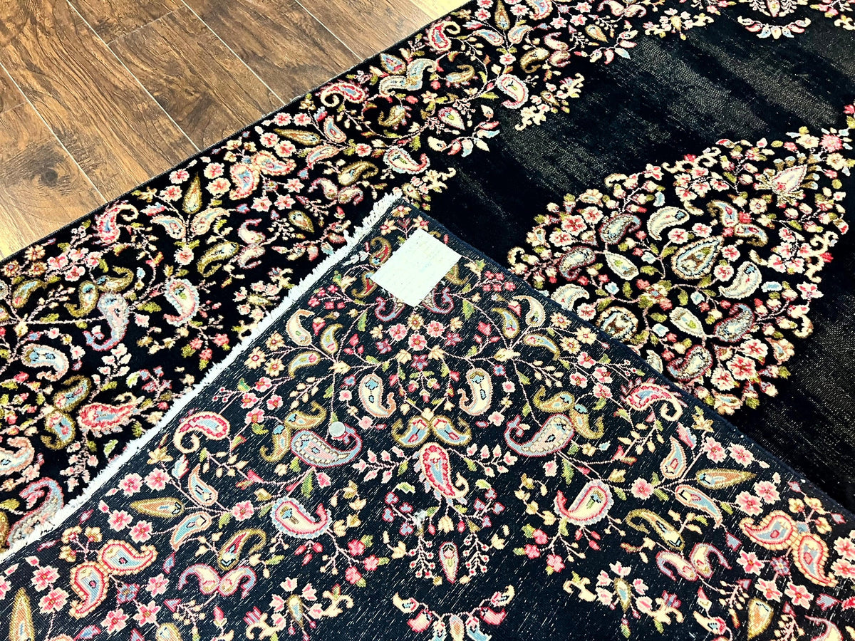 Antique Persian Kirman Rug 5x8, Floral Kirman, Midnight Blue/Black, Semi Open Field, Handmade Vintage Wool Carpet - Jewel Rugs, view 11