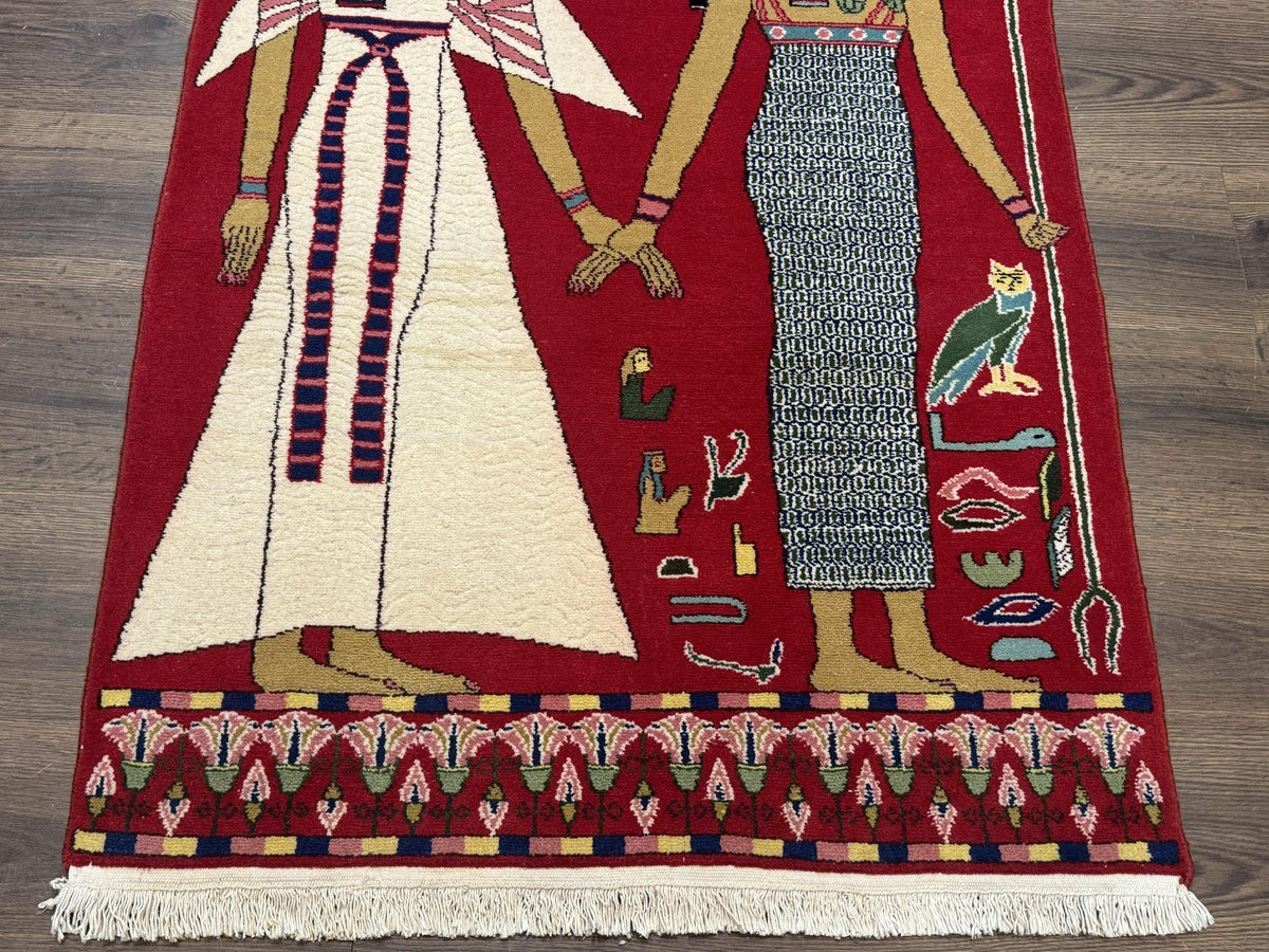 Egyptian Pictorial Rug 3x4, Hieroglyphic Pictorial Rug, Egyptian Prince and Princess, Cleopatra, Vintage Handmade, Red - Jewel Rugs, view 3