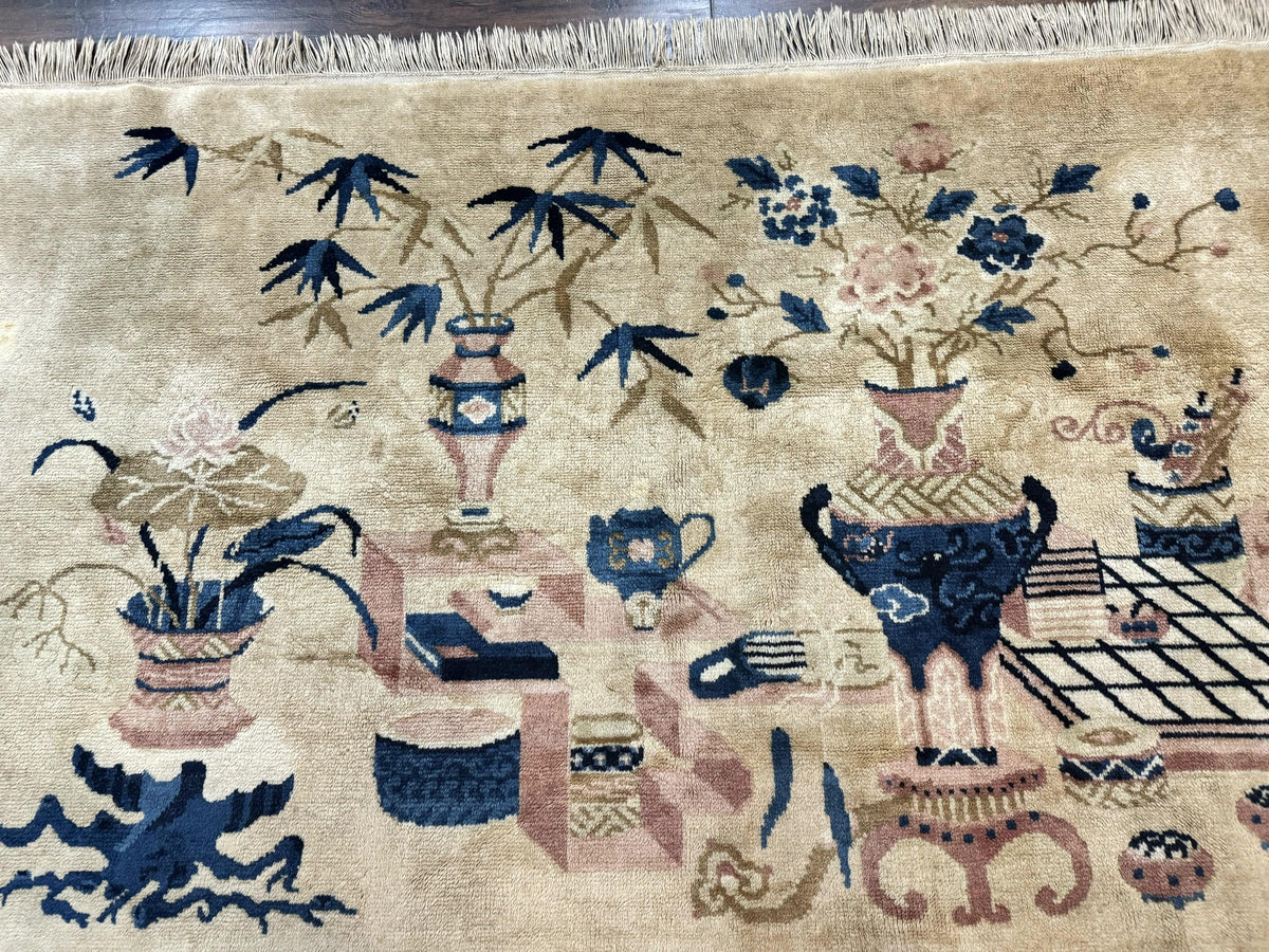 Chinese Rug 5x3, Horizontal Rug, Vases Flowers, Handmade Antique Vintage Carpet, Peking Rug, Chinese Wool Rug - Jewel Rugs, view 3