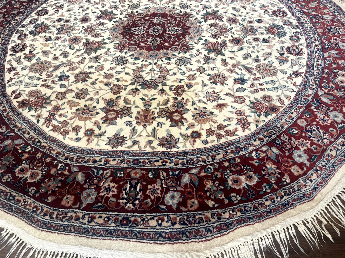 Round Sino Persian Rug 8x8, Wool and Silk, Floral Medallion, Ivory Dark Red - Jewel Rugs, view 5