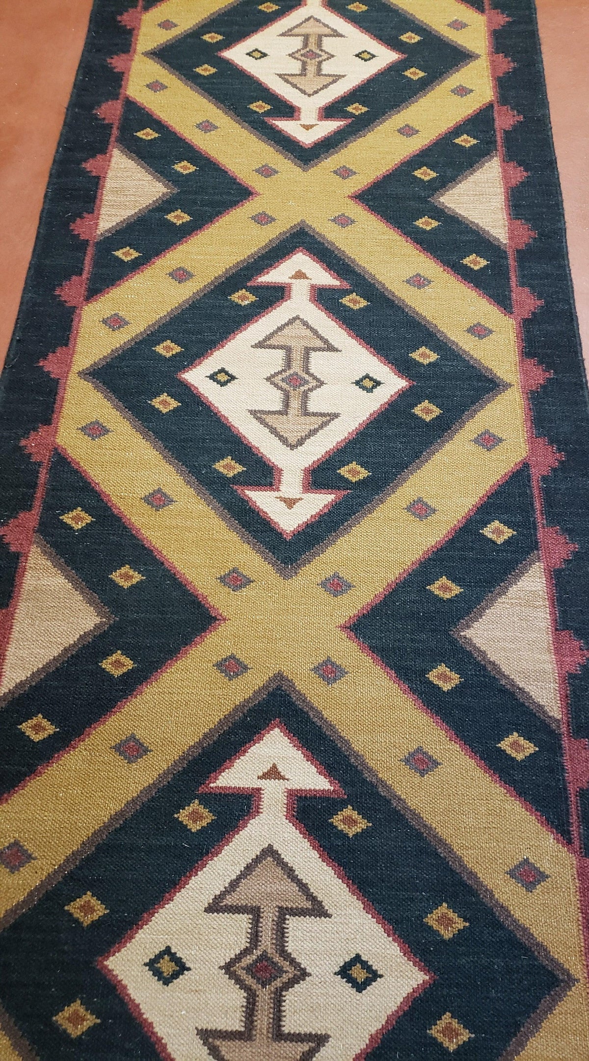 Vintage Indian Kilim Runner Rug, Geometric Flatweave Hand-Knotted Wool Kitchen Hallway Runner, Black Gold & Beige, 2' 8" x 9' 9" - Jewel Rugs, view 6