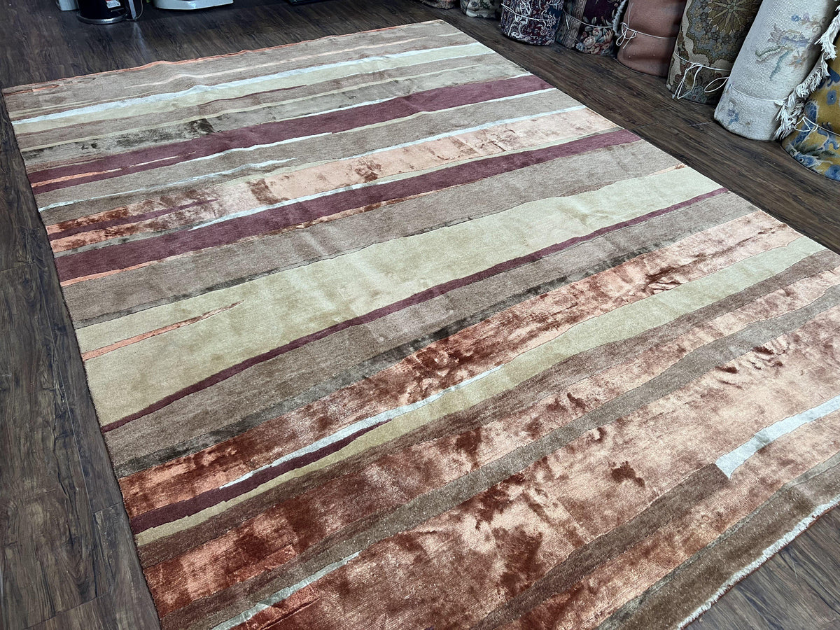 Modern Tibetan Rug 8x11 Nepali Carpet, Shiny Velvely Soft Wool and Silk, Contemporary Hand Knotted Rug, Striped Design, Wool Area Rug 8 x 11 - Jewel Rugs, view 13