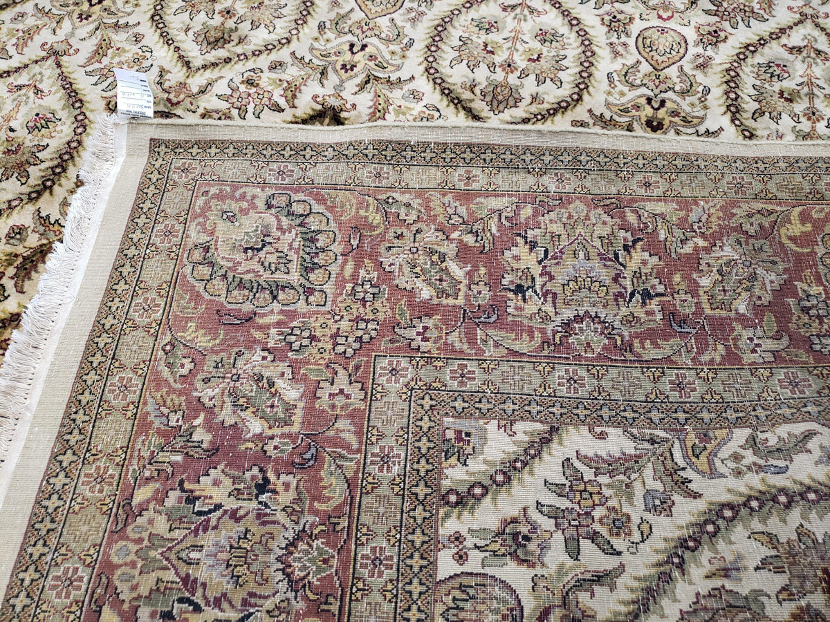 Vintage Indo Persian Area Rug 9x12, Wool Hand-Knotted Ivory & Dark Red Oriental Carpet, Fine Weave 9 x 12 Indian Rug, Dining Room Rug - Jewel Rugs, view 11