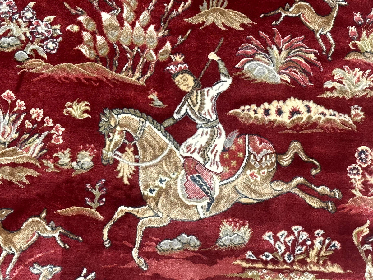 Turkish Silk Hunting Design Rug 4x6, Dark Red & Ivory, Bamboo Silk, New - Jewel Rugs, view 3