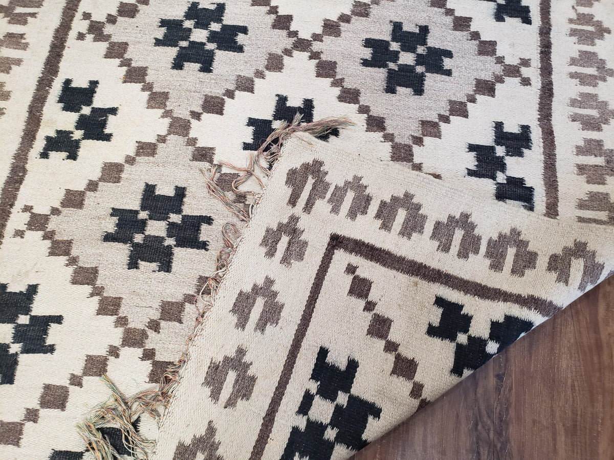 Semi Antique South American Blanket 4x8, Wool Hand-Woven Flatweave Kilim Rug, Handmade Antique Vintage Runner, Ivory & Blue, Diamond Panel - Jewel Rugs, view 12