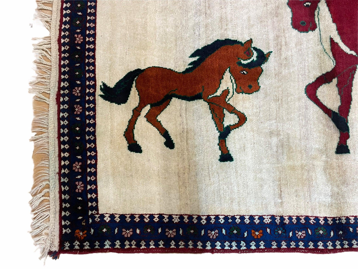 3.5 X 5 Handmade Hand-Knotted Quality Wool Pictorial Brown Horses Animal Rug - Jewel Rugs, view 5