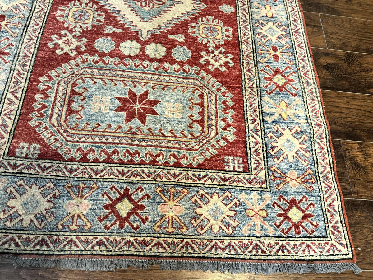 Turkish Kazak Rug 4x6, Handmade Vintage Wool Carpet, Geometric Design, Red and Light Blue - Jewel Rugs, view 10