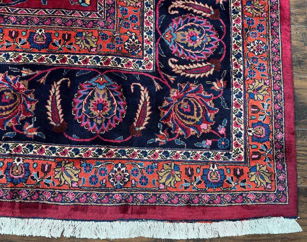 Palace Size Persian Mashad Rug 12x16, Raspberry and Navy Blue, Signature from Master Weaver, Antique Handmade Large Wool Carpet - Jewel Rugs, view 9