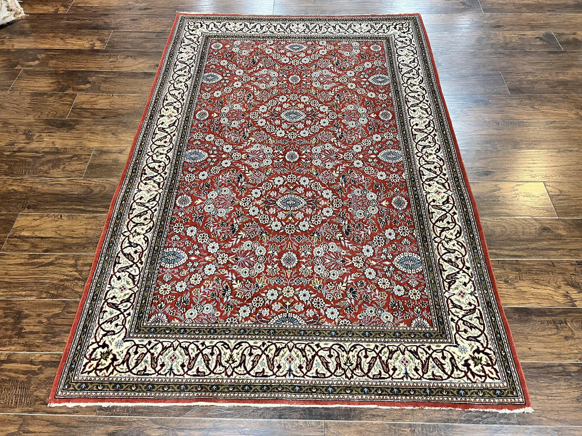 Red Persian Qum Rug 5 x 7.6, Hand Knotted Vintage Wool Fine Carpet 270 KPSI, Floral Allover - Jewel Rugs