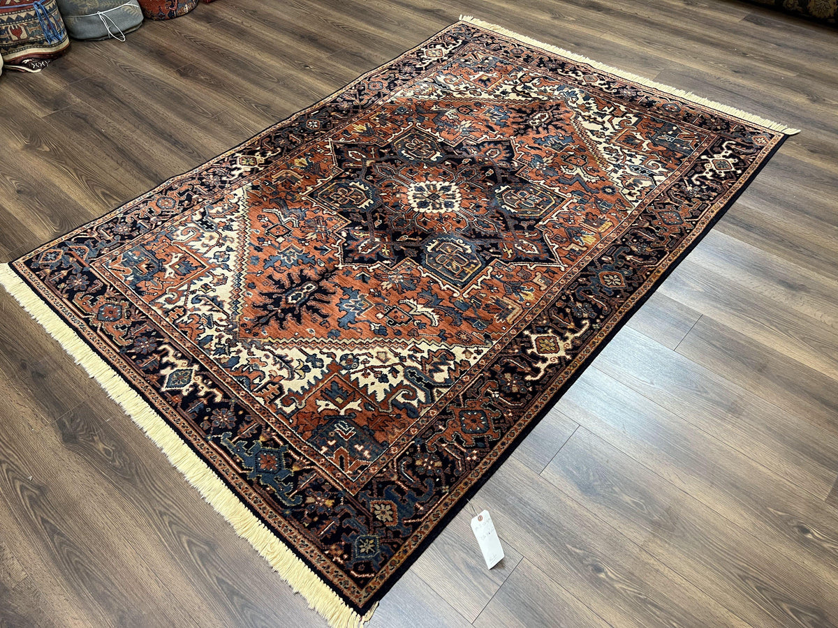 Heriz Rug 5.6 x 8, Geometric Medallion, Wool Oriental Carpet, Tribal Boho Rug, Red Navy Blue Cream, Belgium Power Loomed Rug, Medium Sized - Jewel Rugs, view 3