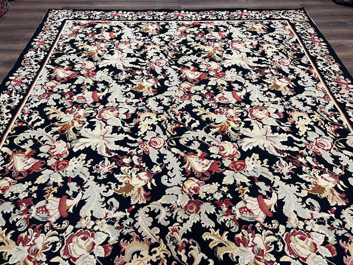 Wool Needlepoint Rug 9x12, William Morris Vintage Chinese Needlepoint Carpet 9 x 12, Handwoven, Allover Floral Area Rug, Black Light Green - Jewel Rugs, view 11