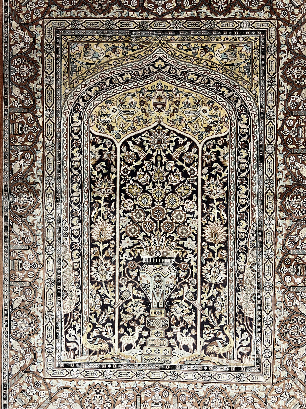Turkish Silk Hereke Rug 2x3, Floral Vase Tree of Life Birds, Silk Pile on Silk Foundation, Vintage Oriental Carpet, Very Fine, Signature - Jewel Rugs, view 5