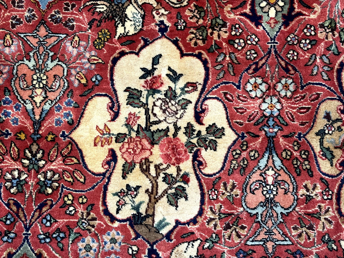 Antique Tabriz Persian Rug 7x10, Red Cream Tan, Unique Design, Fine 270 KPSI, Birds, Floral - Jewel Rugs, view 4