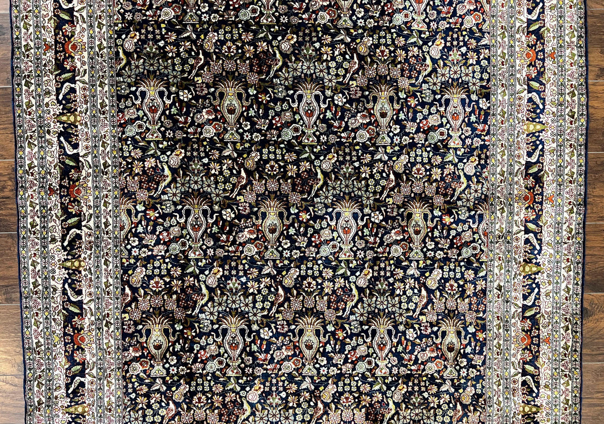 Silk Indian Kashmiri Rug 5x7, Navy Blue Indo Persian Silk Carpet 5 x 7 ft, Hand Knotted Handmade Very Fine Oriental Carpet, 450 KPSI, Birds - Jewel Rugs, view 4