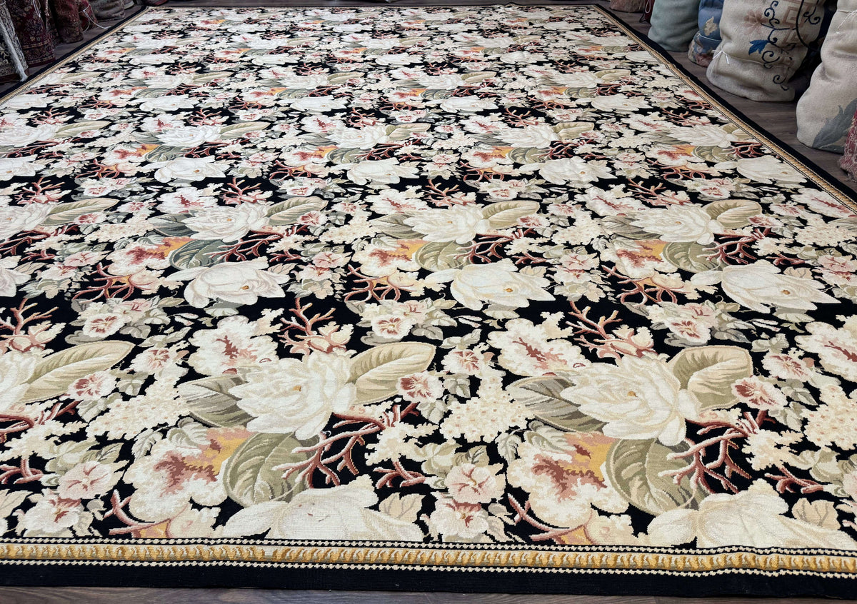 Palace Size Needlepoint Rug 13x17, Extra Large Wool Floral Handmade Carpet, European Design, Botanical - Jewel Rugs, view 2