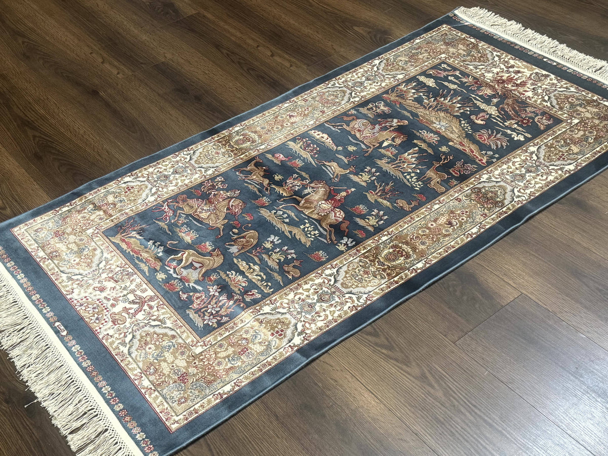 Turkish Silk Hunting Scene Rug 2.6 x 5, Dark Steel Blue & Ivory, Bamboo Silk, New - Jewel Rugs, view 3