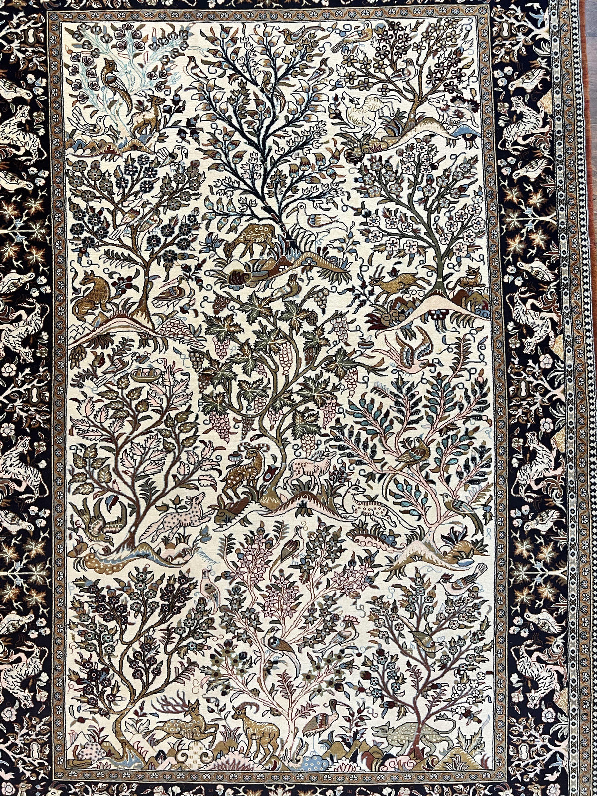 Persian Qum Tree of Life Rug 5x7, Wool and Silk Highlights, Animal Motifs, Vintage Hand Knotted Handmade Cream & Black Fine Oriental Carpet - Jewel Rugs, view 5