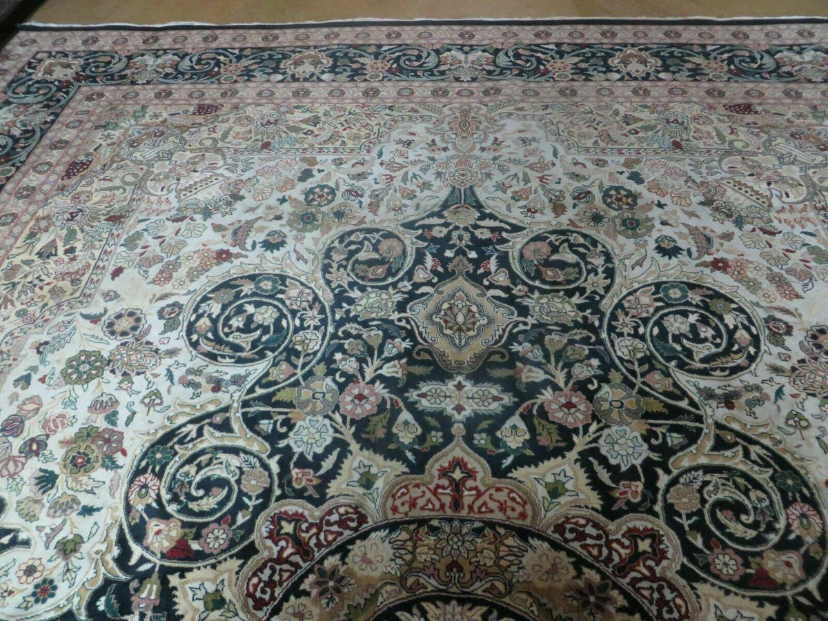 Beautiful Sino Persian Rug 9x12, Elegant High Quality Handmade Wool Oriental Carpet, Medallion with Corner Design, Floral, Black and Ivory - Jewel Rugs, view 3