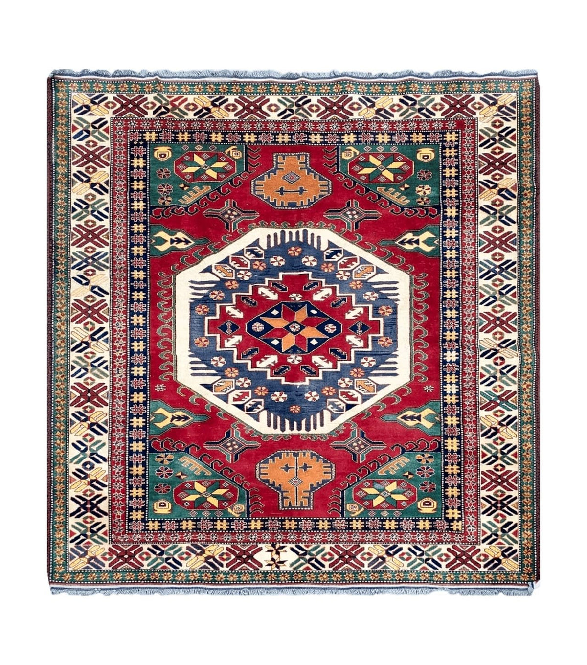 Vintage Turkish Kazak Area Rug, 6ft Square Rug, 6x6 Square Oriental Carpet, Hand-Knotted, Wool, Bold Colors, Red Blue Green, Geometric Rug - Jewel Rugs