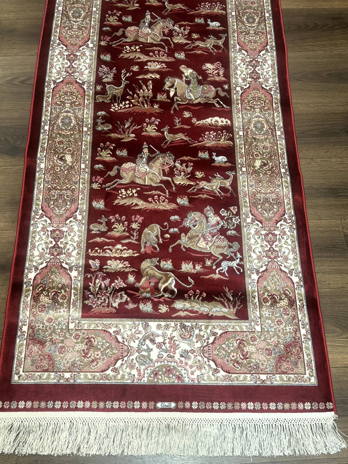 Turkish Silk Rug 2.6 x 6.7, Hunting Design, Short Runner Rug, Red & Ivory, Bamboo Silk, New - Jewel Rugs, view 6