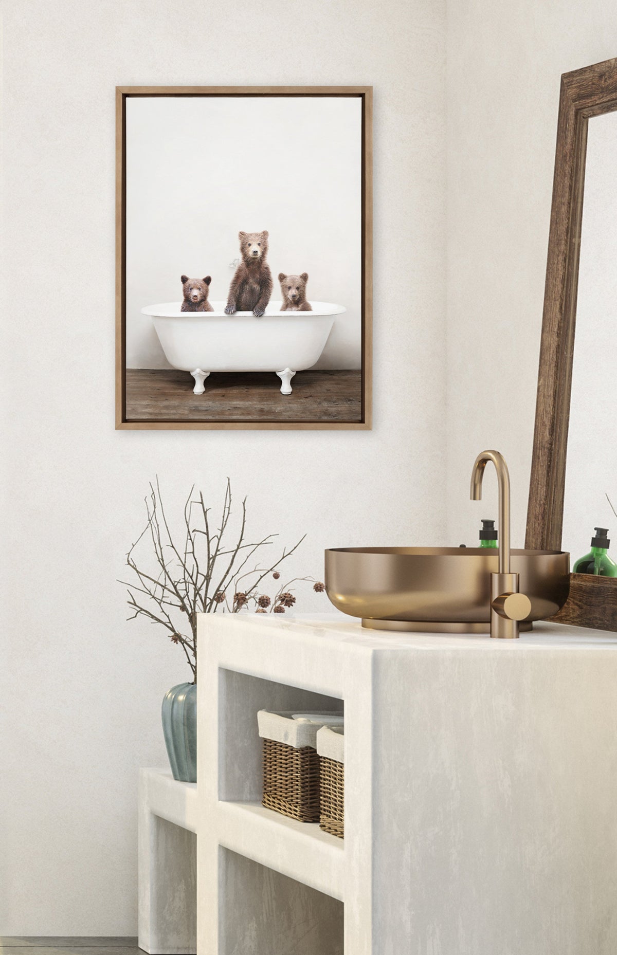 Sylvie Three Little Bears in Vintage Bathtub Framed Canvas by Amy Peterson Art Studio
