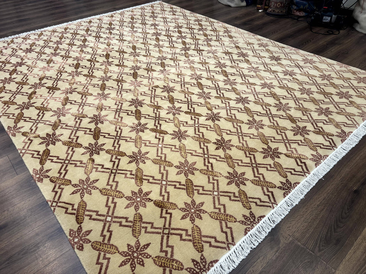 Tibetan Rug 8x10, Wool with Silk Highlights, Beige and Maroon, Contemporary Carpet - Jewel Rugs, view 13