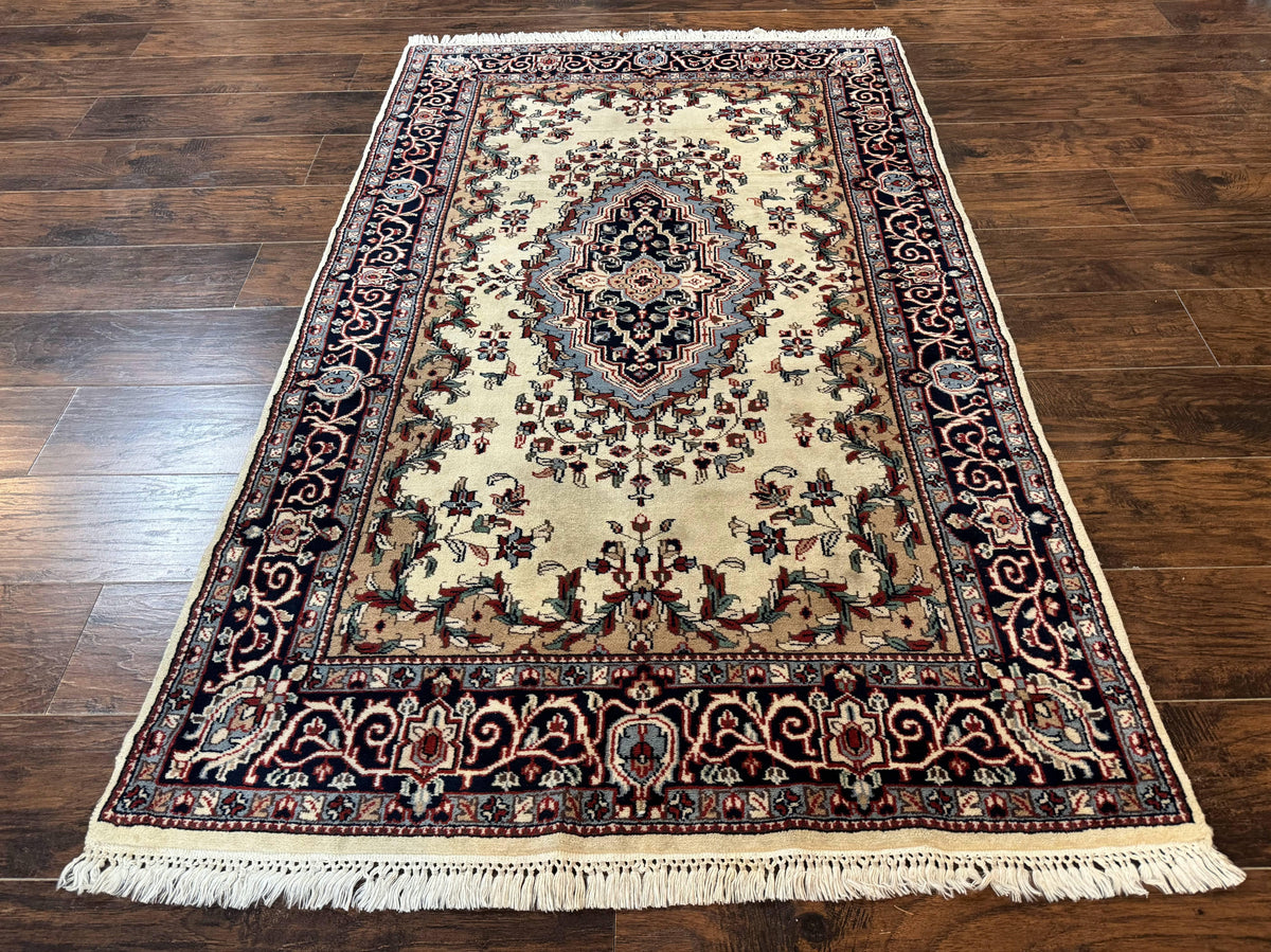 Indian Kashmiri Rug 4x6, Ivory Beige Navy Blue, Traditional Indo Persian Rug - Jewel Rugs, view 2