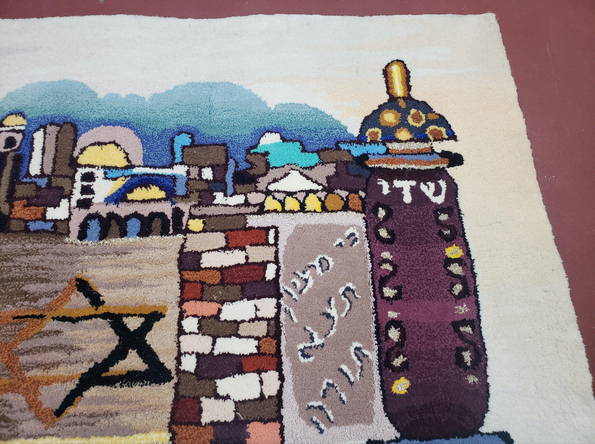 Vintage Judaica Pictorial Rug 3x5, Wool Hand-Tufted Israeli Signed Rug, Jerusalem Rug, Star of David Torah Scroll Verses, Chanuka Gift - Jewel Rugs, view 6