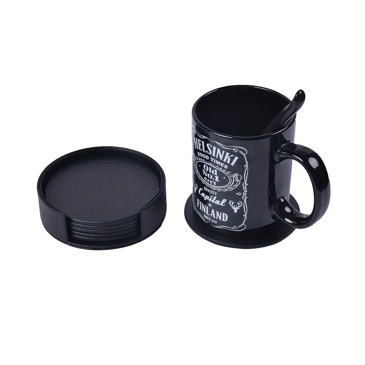 6pcs WAIYIFON Premium Faux Leather Drink Coasters with Holder - Elegant Black, Round Cup Mats for Tabletop Protection, Ideal for Home & Kitchen Use - Perfect Housewarming Gift
