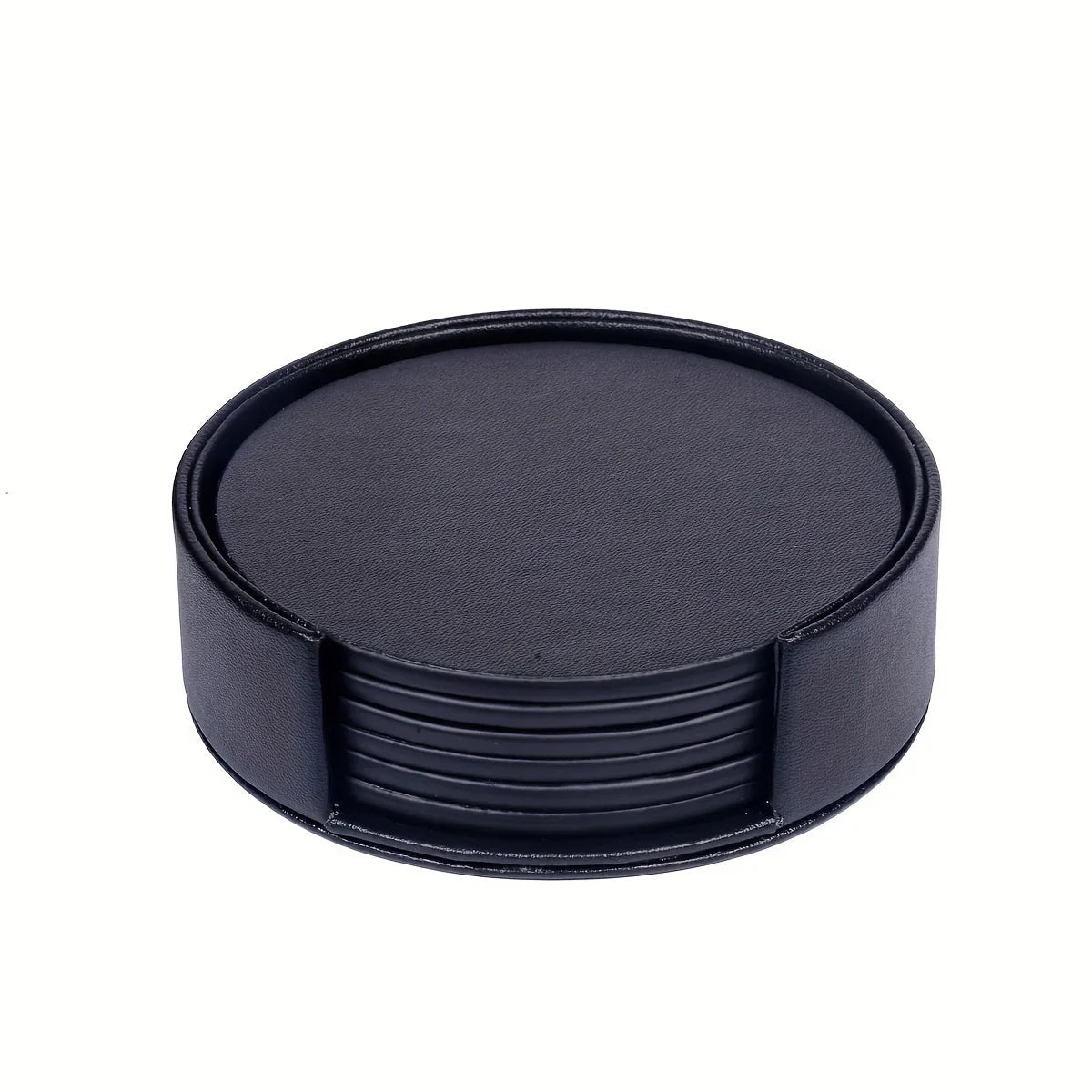 6pcs WAIYIFON Premium Faux Leather Drink Coasters with Holder - Elegant Black, Round Cup Mats for Tabletop Protection, Ideal for Home & Kitchen Use - Perfect Housewarming Gift