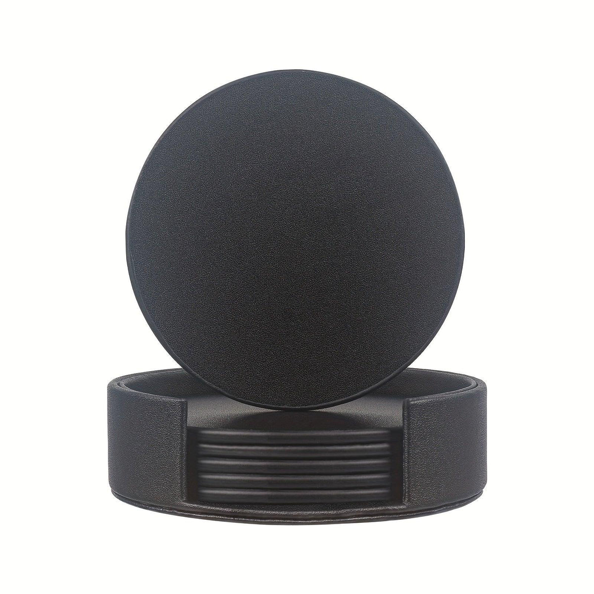 6pcs WAIYIFON Premium Faux Leather Drink Coasters with Holder - Elegant Black, Round Cup Mats for Tabletop Protection, Ideal for Home & Kitchen Use - Perfect Housewarming Gift