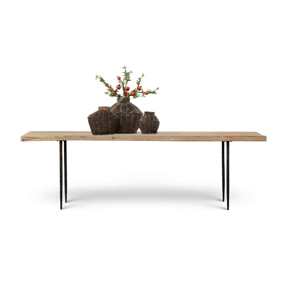 Approx. 105 Inches Long Reclaimed Wood Console with Forged Iron Legs