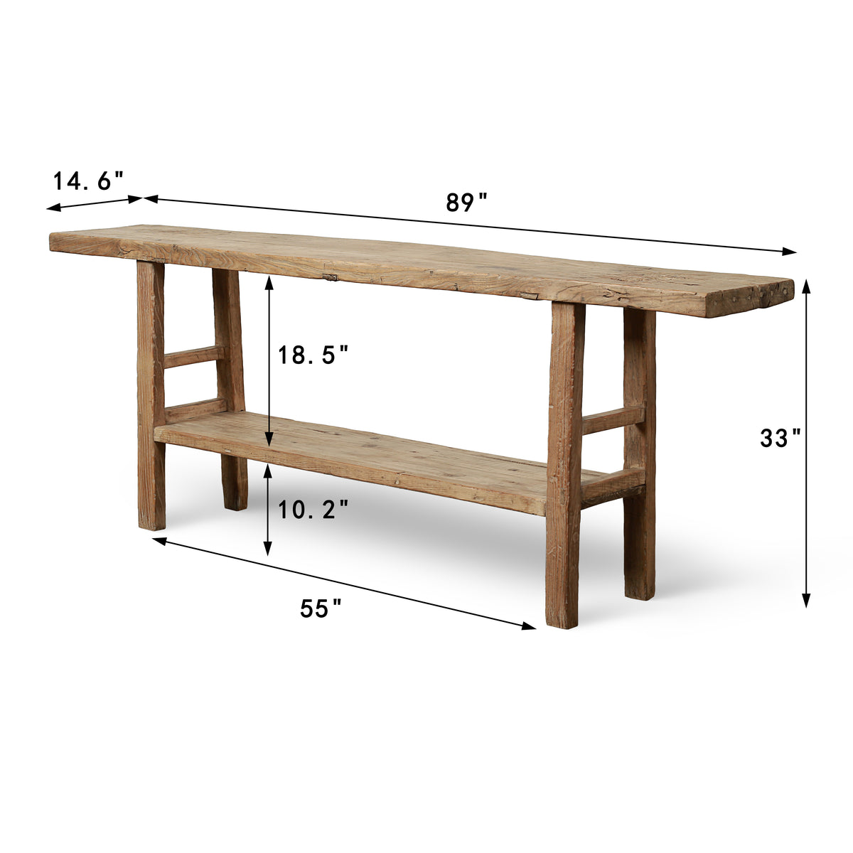 Vintage Console with Shelf Weathered Natural 88.98W14.57D32.68H