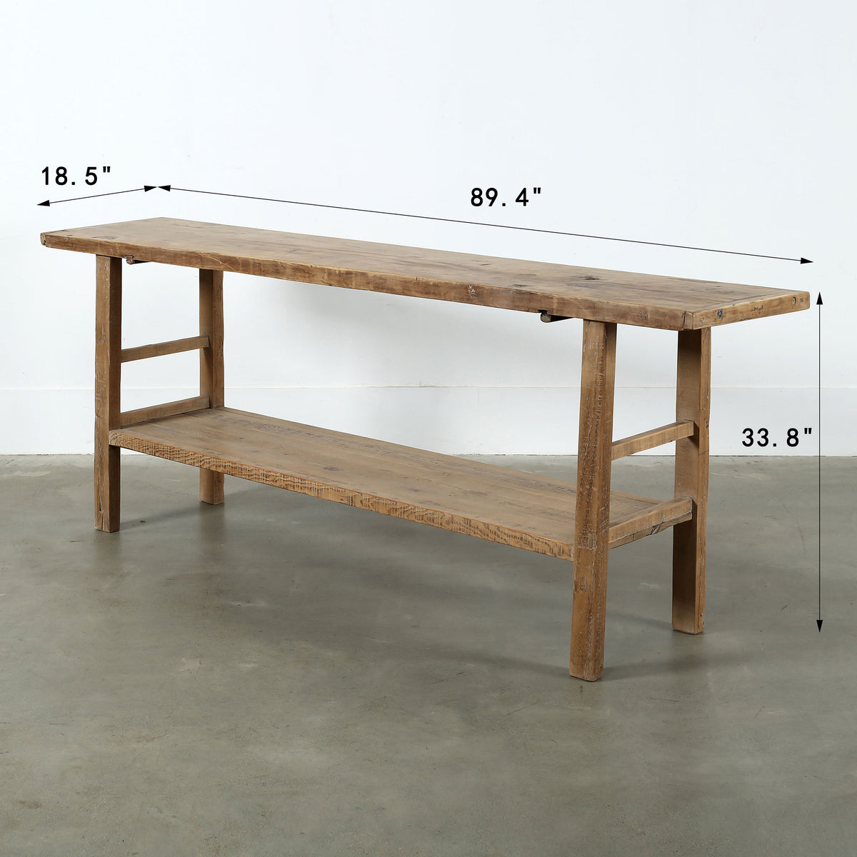 Vintage Console with Shelf Large about 7-8ft long weathered natural 89x18.5x33.8H