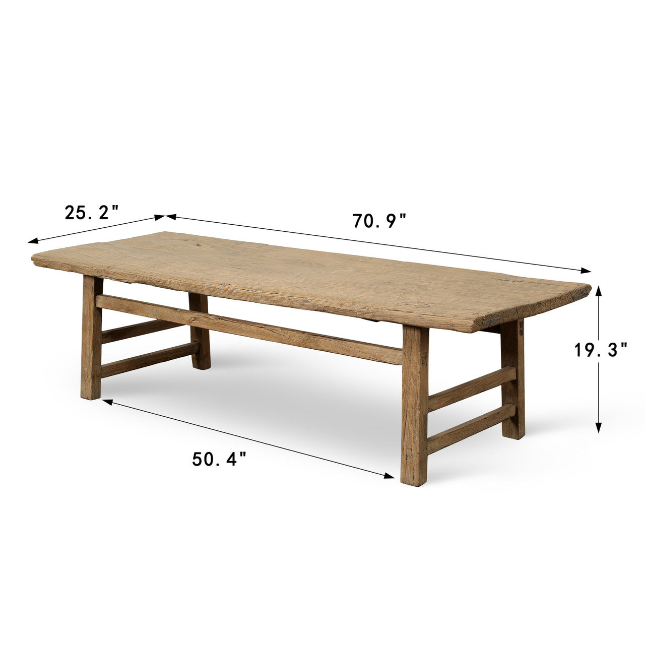 Vintage Coffee Table 71x25x19H Weathered Natural Warm Wood Tone
