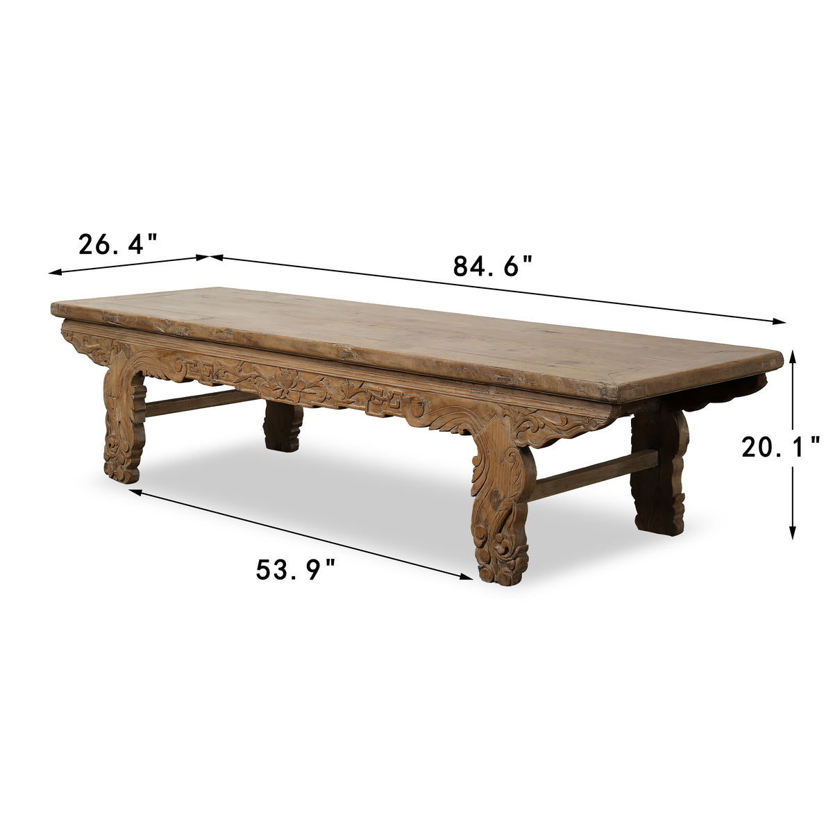 Approx. 85" Long 26.4" Deep Vintage Coffee Table with Lotus Motif on the Front Panel and Carved Legs
