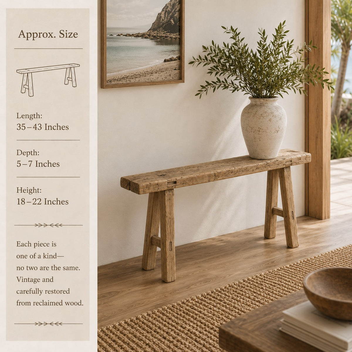 Approx. 35-43 Inches Vintage Noodle Bench Weathered Natural (size & finish vary)