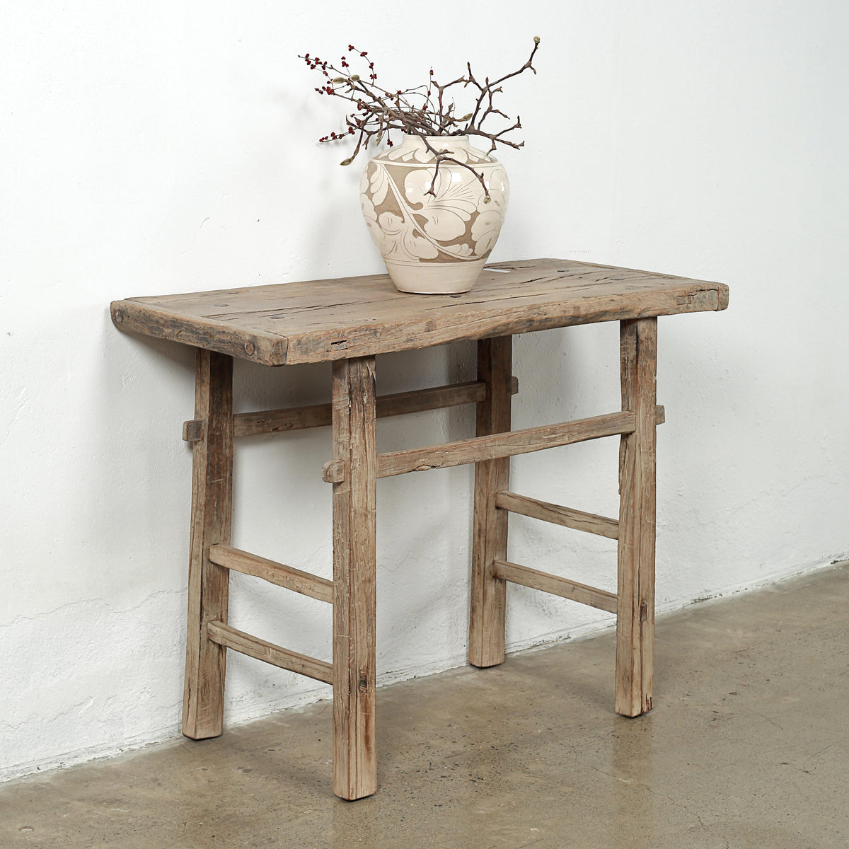 Approx. 44" Wide 19" Deep Antique Console Table Elmwood Rustic Neutral Wood Tone