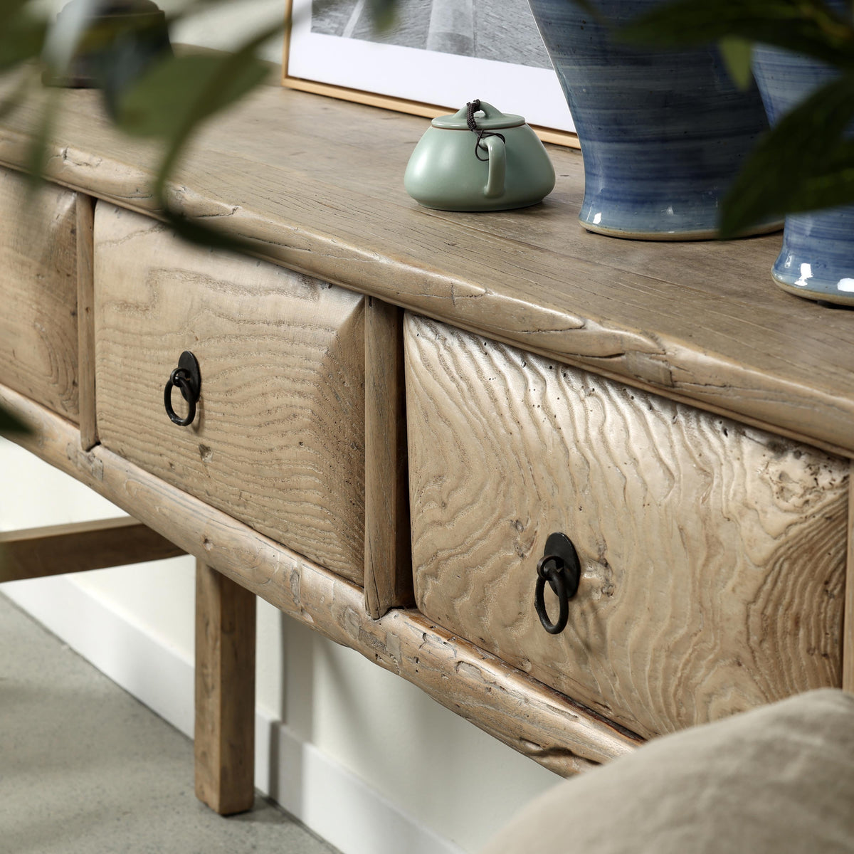 Approx. 87" Wide Vintage Table with Three Drawers Weathered Natural