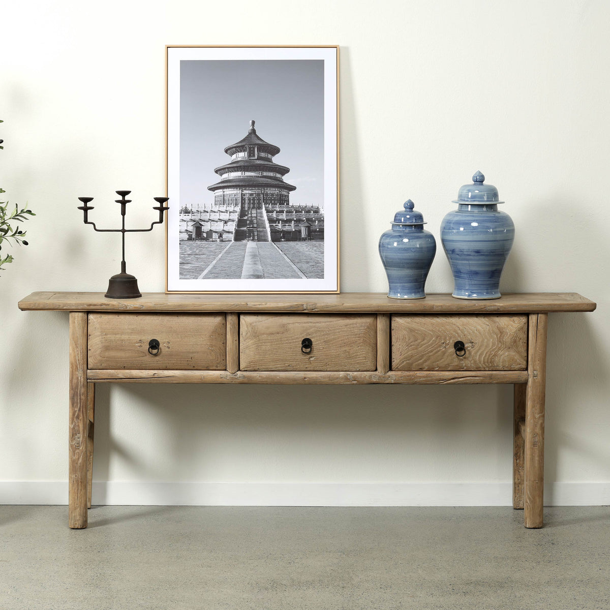 Approx. 87" Wide Vintage Table with Three Drawers Weathered Natural